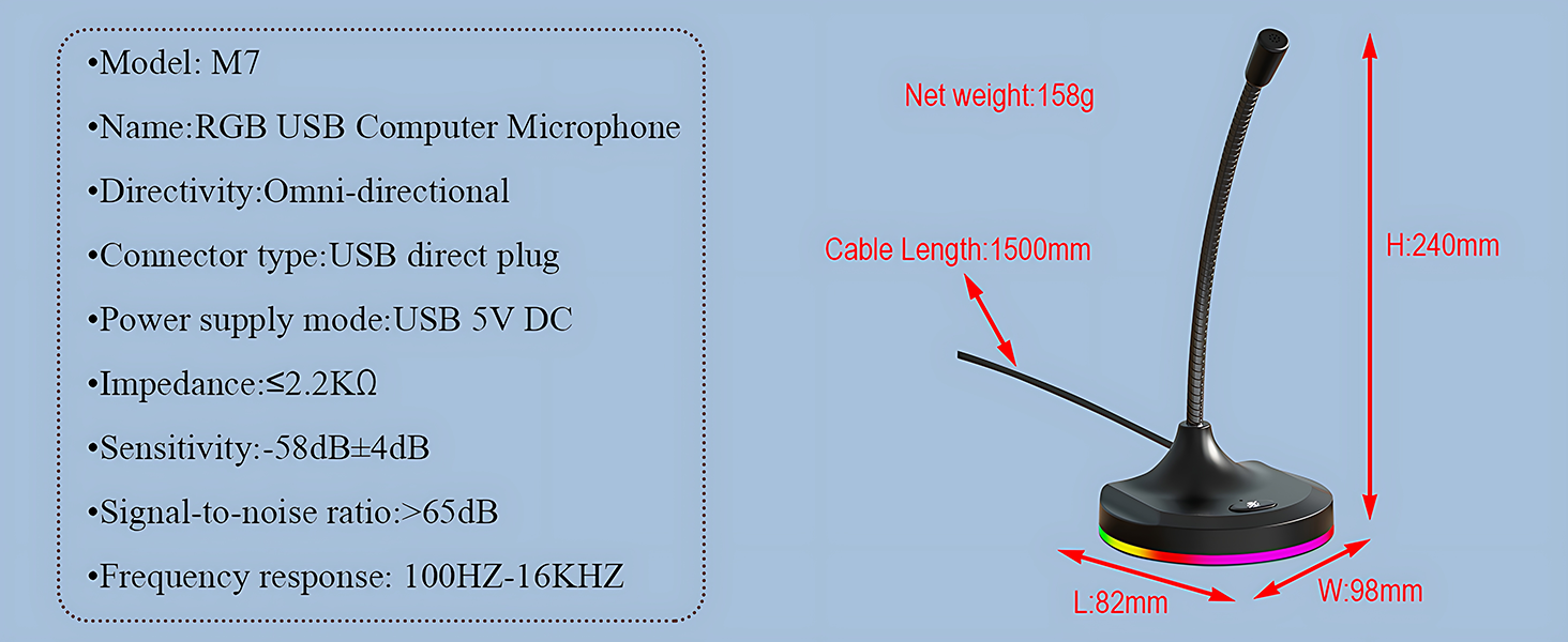M7 USB Computer Microphone with Mute Button and RGB Lighting,Plug&amp;amp;Play Mic