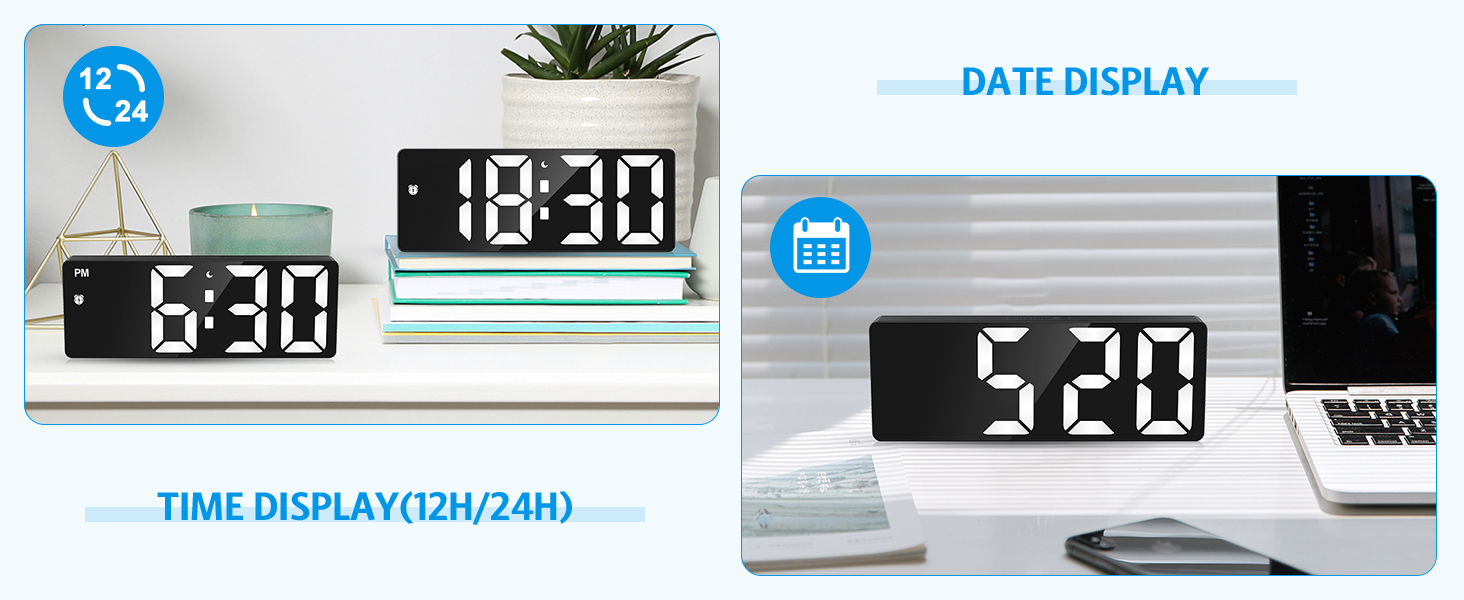 Digital Alarm Clock Large Display, LED Alarm for Bedroom, Type-C/Battery Powered Bedside Alarm Clock