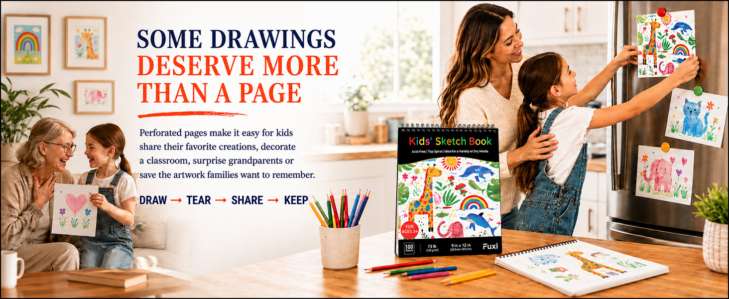 Fuxi kids sketch pad with perforated 9 x 12 pages for drawing, sharing, display and keepsakes.