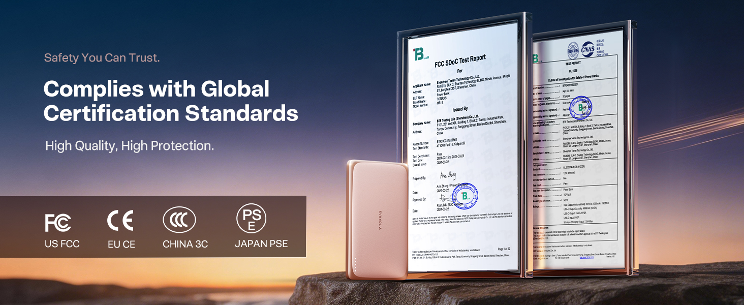 Flight Approved Power Bank, TSA Compliant, FCC Certified, Global Safety Standards, Reliable Power.