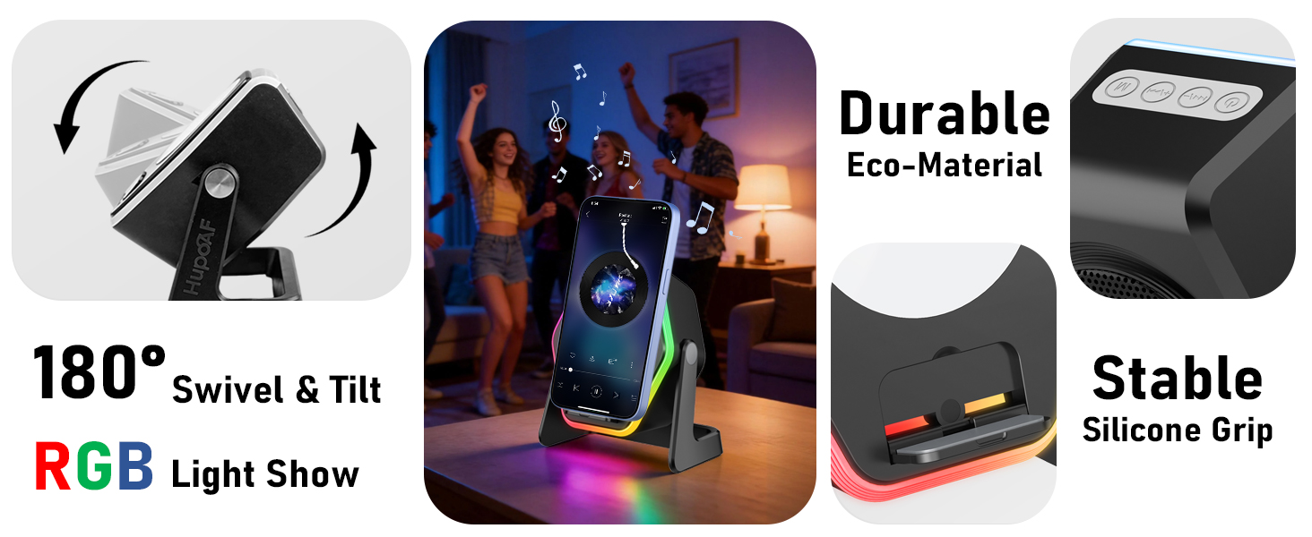 Text reads 'Durable', '180° Swivel &amp; Tilt', 'Stable Silicon Grip', 'RGB Light Show', 'Eco-Material'. Product features diagram showing various functions and specifications.