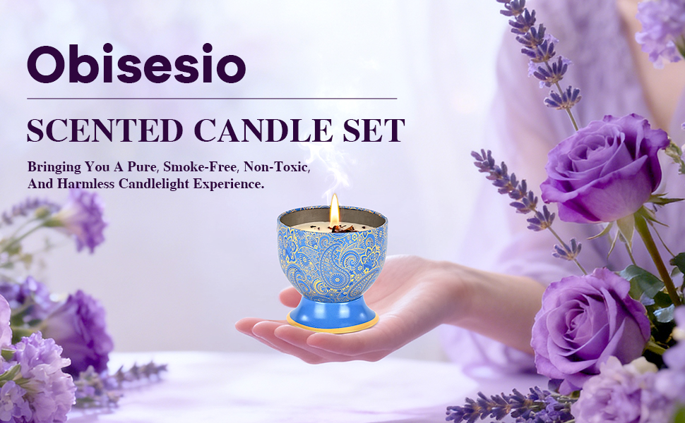 Text reads 'Obisesio' and 'SCENTED CANDLE SET'. Product images featuring purple flowers and candle products with lavender accents.