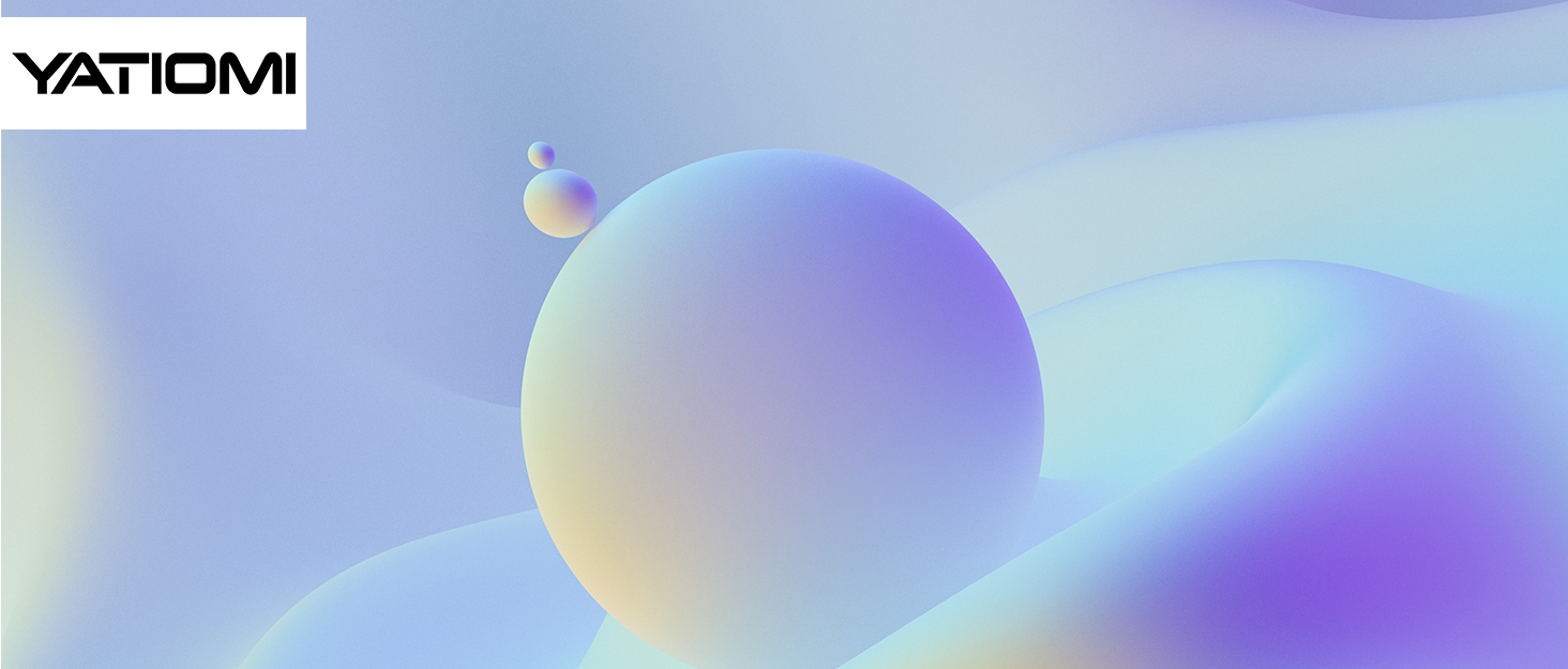 Abstract digital artwork featuring pastel-colored spheres against a gradient background. 'YATIOMI' text visible in upper left corner.