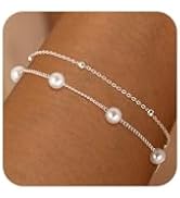 NECOCY 14k Gold Plated Pearl Bracelets for Women,Dainty Bracelets Stack Pearls Beaded Link Chain ...