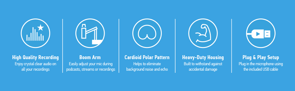 Features include, HQ Recording, boom arm, Cardioid Pattern, Heavy Duty Housing, USB, wind screen