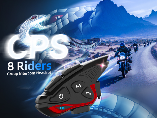 Motorcycle intercom headset for 8 riders. Device shown with buttons and microphone against backdrop of riders on mountain road.