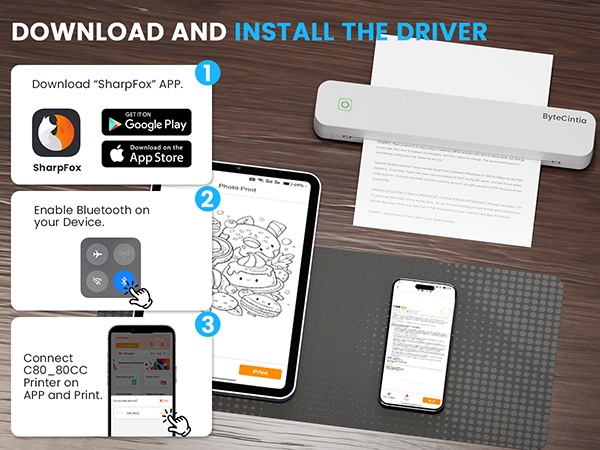 Text reads 'DOWNLOAD AND INSTALL THE DRIVER'. Screenshot sequence showing app installation steps with mobile device interfaces and QR codes.