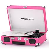 MANGOSTAN Pink Vinyl Record Player with Bluetooth, 3-Speed Portable Suitcase Turntable with Built...