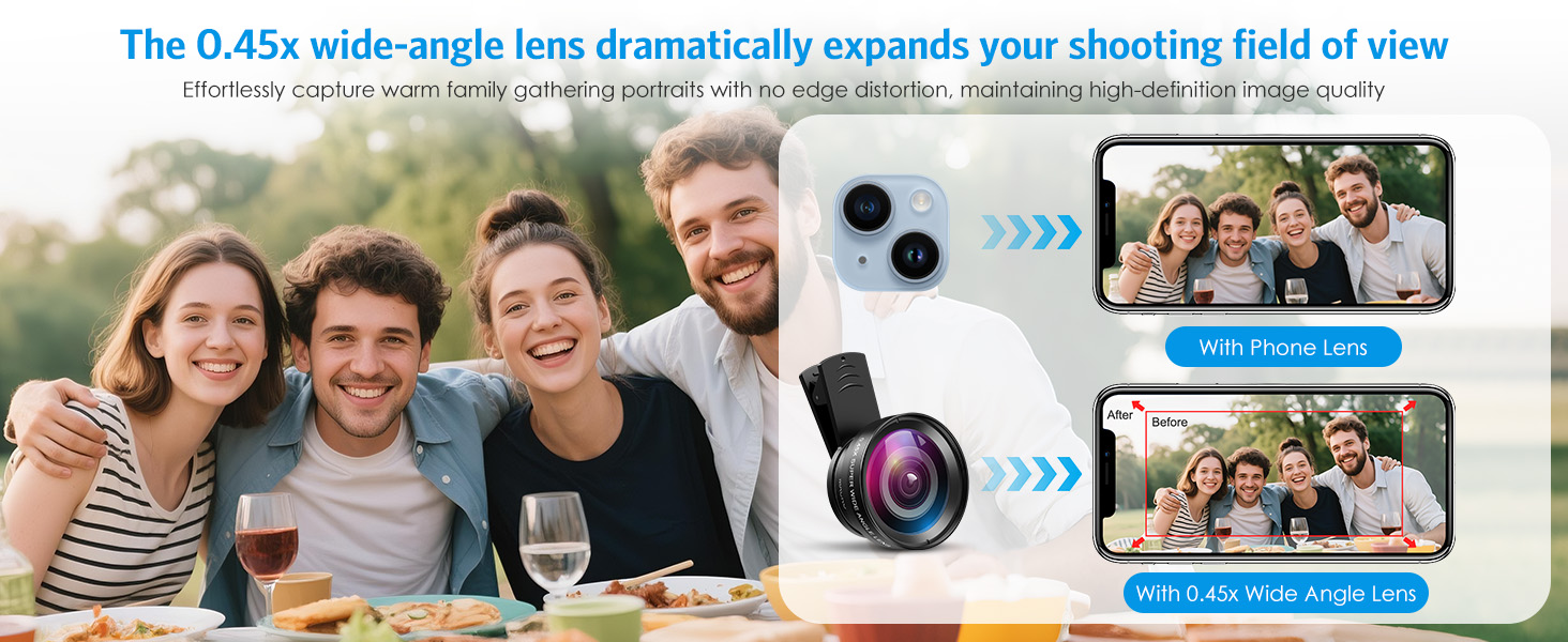 Phone Camera Lens, 0.45X Super Wide Angle Lens 15X Macro Clip-On 2 in 1 Professional iPhone Lens Kit