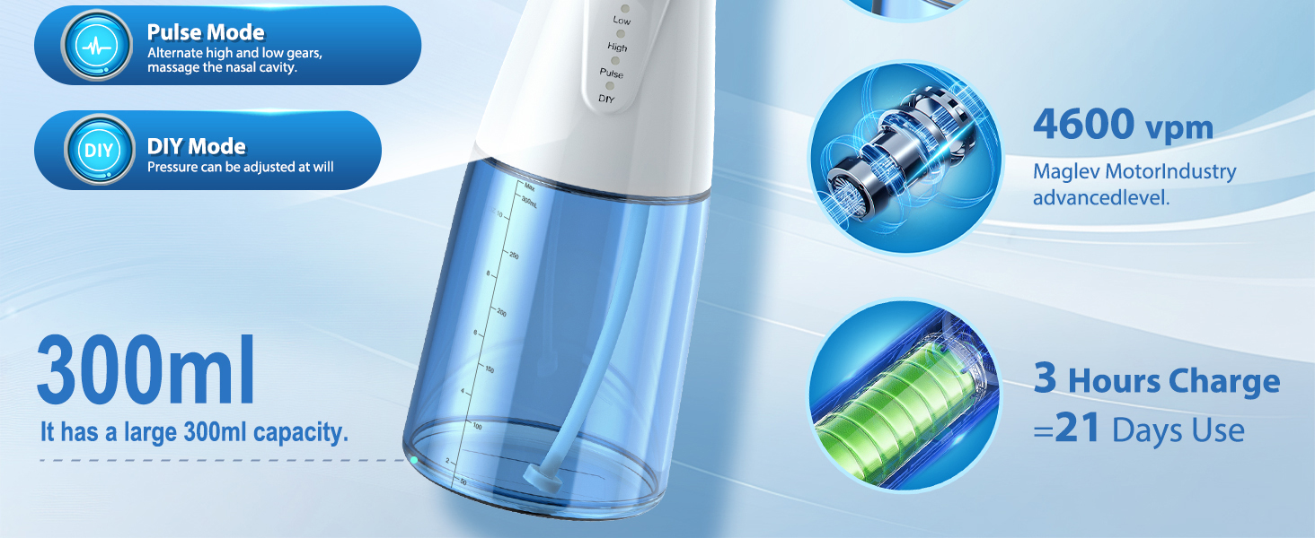 Blue and white portable water flosser device, 300ml capacity, featuring 4600 ppm motor speed and 3-hour charge with 21-day usage specification.