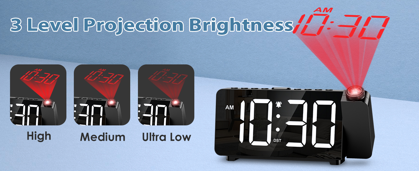 Projection Alarm Clocks for Bedrooms, Large LED Display Digital Clock with 180° Rotatable Projector