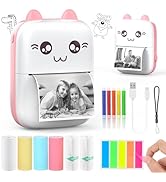 HuiJuKeJi Mini Sticker Printer Cat Bluetooth Smart Pocket Inkless Thermal Printer with 7 Rolls Th...