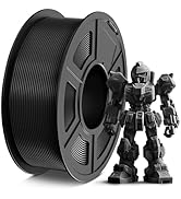 A large spool of black 3D printer filament next to a small, printed black robot figure. The filament is wound on a gray spool.