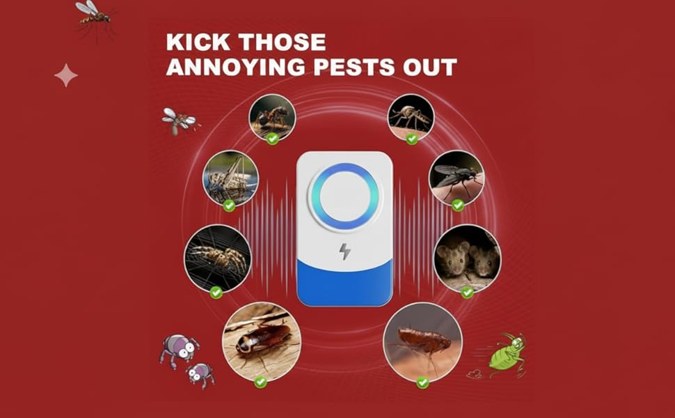 Text reads 'Image 7' and 'KICK THOSE ANNOYING PESTS OUT'. Red background interface showing circular icons and gameplay elements for what appears to be a pest control app or game.