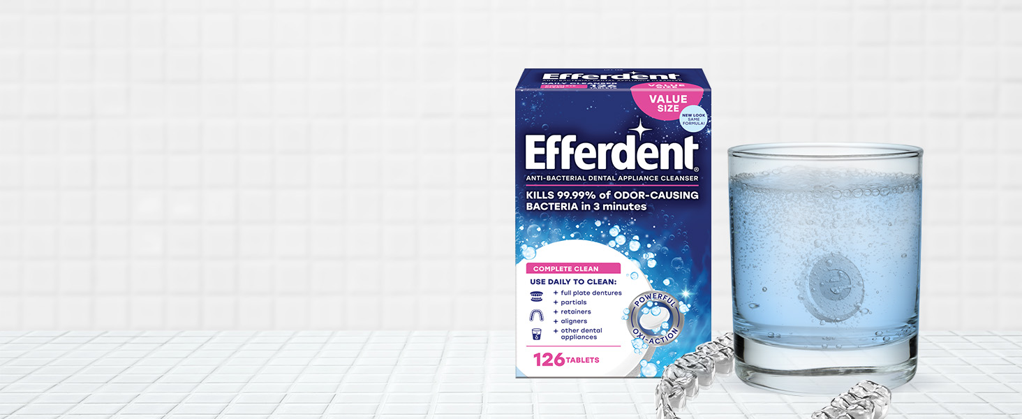 retainer cleaner tablets daily to clean retainers, full-plate dentures, partials, dental appliances