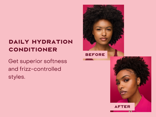 Two images of the same woman comparing her hair before and after applying our conditioner.