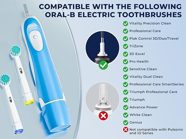 Text reads 'COMPATIBLE WITH THE FOLLOWING ORAL-B ELECTRIC TOOTHBRUSHES' followed by comparison charts showing compatible features and product specifications for electric toothbrush heads.