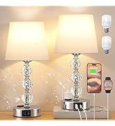 Bedside Lamps for Bedrooms Set of 2 - Crystal Nightstand Bedroom Lamp with Two USB Charging Port,...