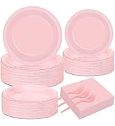 CHUNNIN 200 PCS Pink Party Paper Plates Napkins Pink Tableware Set for Light Pink Party Decoratio...