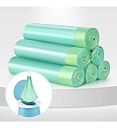 Stack of mint green garbage bag rolls with inset image showing drawstring bag demonstration.
