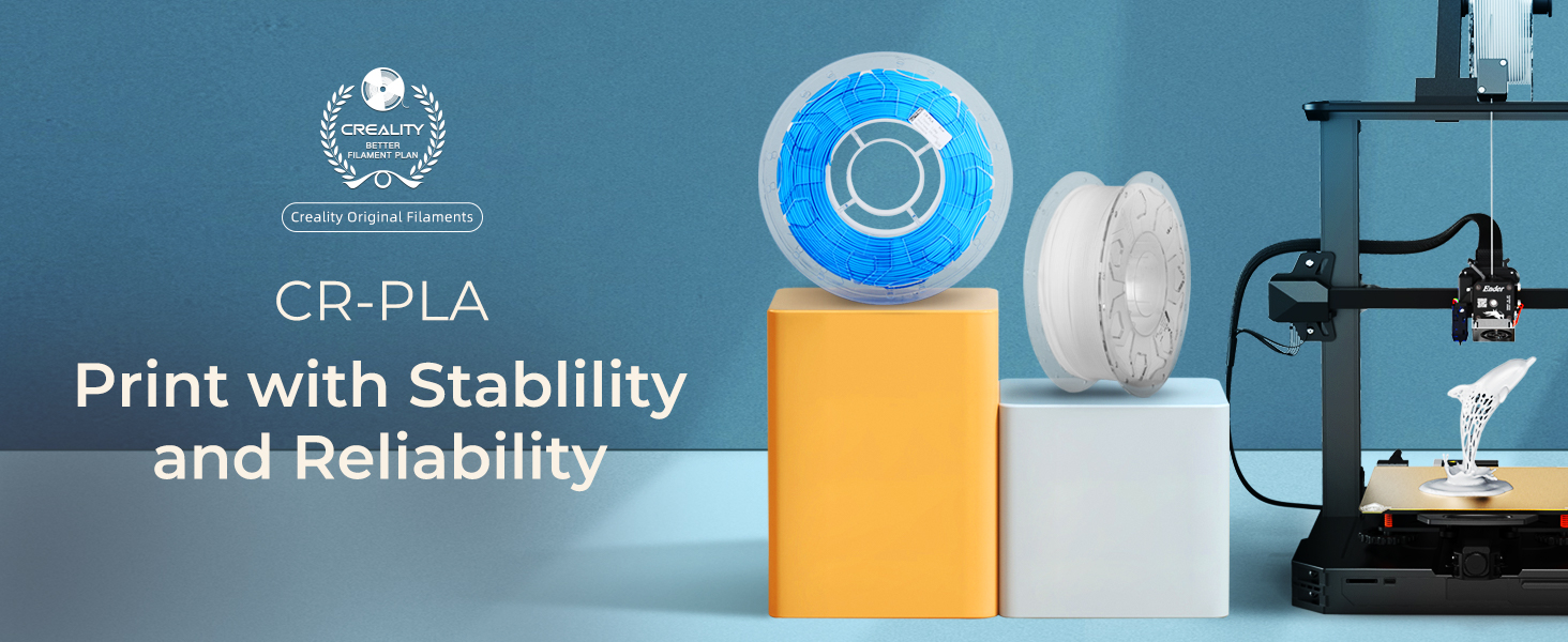 3D printer filament spools and a printer nozzle. Text reads 'CR-PLA Print with Stability and Reliability' with an award icon.