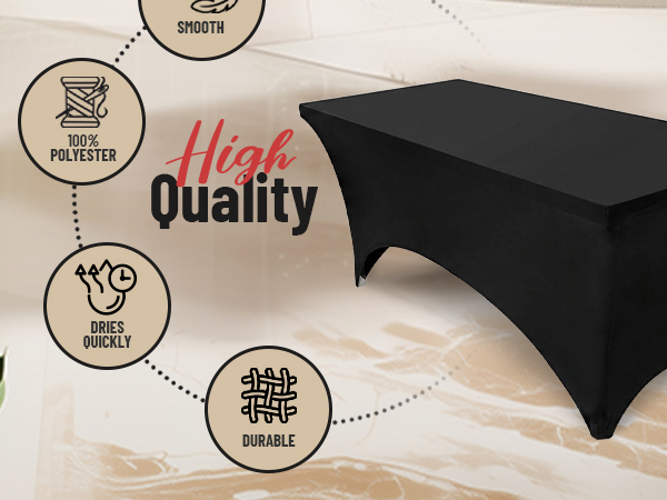 Text reads 'High Quality' with circular quality indicator badges. Black fabric item displayed on beige/cream background with quality assurance symbols.
