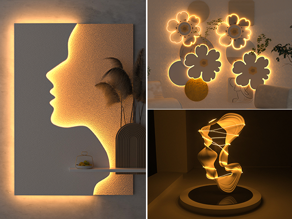 Decorative LED wall lights featuring a profile silhouette design and illuminated flower shapes. Multiple panels show warm golden lighting effects with modern artistic styling.