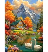 500 Piece Jigsaw Puzzle for Adults - Mountain Cabin Lake with Swans Colorful Autumn Forest Landsc...