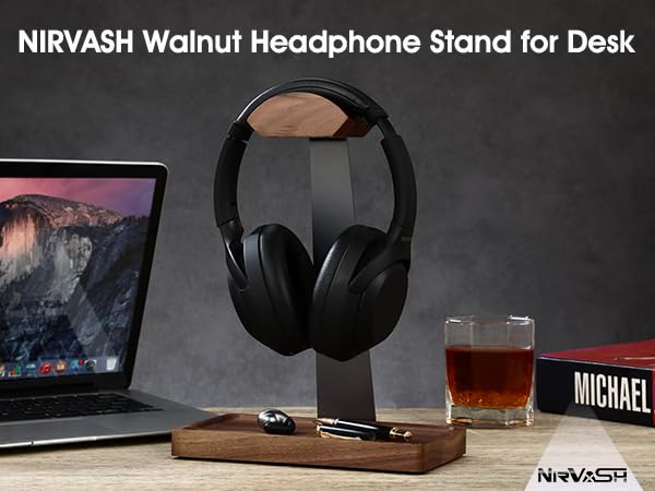 NIRVASH Walnut Headphone Stand Wood, Headset Stand for Desk M