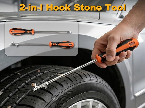 This jump starter power pack included a 2-in-1 stone cleaning hook,