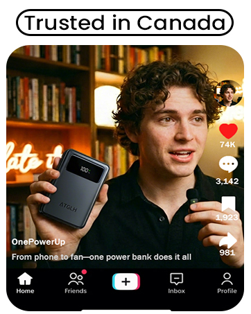 Text reads 'Trusted in Canada'. Digital app interface screenshots showing navigation elements and social media features against a dark background.