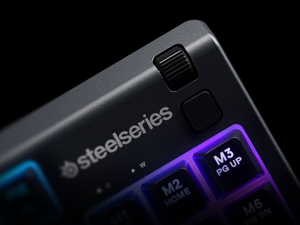 - Apex 3 underside displaying three channel options for the cable to exit the keyboard