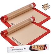 Two silicone baking mats with red borders and tan non-stick surface, shown with retail packaging and rolled design for storage.