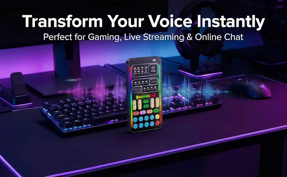 Portable voice changer with sound card and colorful LED lighting on desk