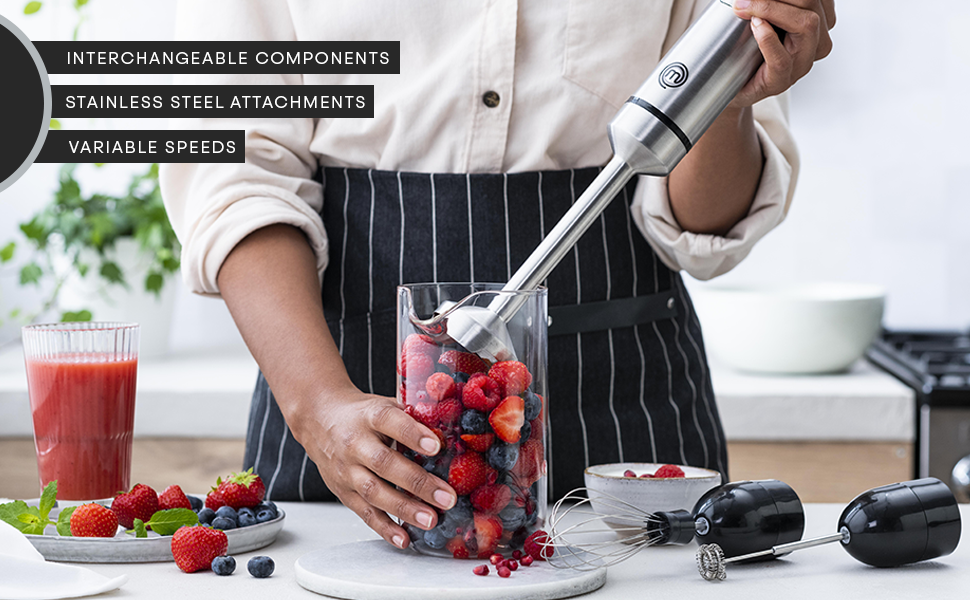 MasterChef Stick Blender blending summer fruits in a beaker (beaker not included)
