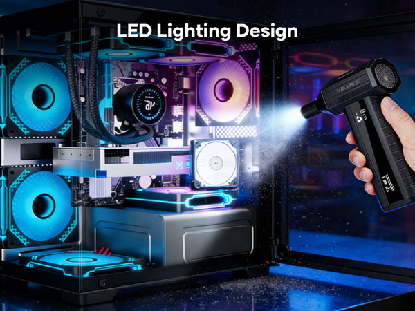 No dust can hide. The VELLROX Electric Air Duster has a built-in LED to light up dark corners