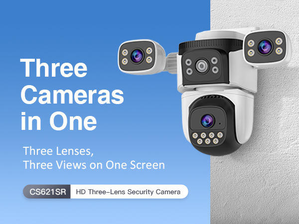 EVERSECU Triple Lens WiFi PTZ Security Camera, Three Cameras in One, with Adjustable All-Angle Arm