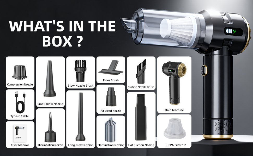 Text reads 'WHAT'S IN THE BOX?' showing layout of hairdryer components and accessories in black silhouette format against white background.