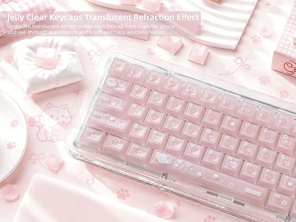Clear Jelly Keycaps, Pink Cat Shine Through Keycaps Thick PC+ABS Crystal Translucent Keycaps