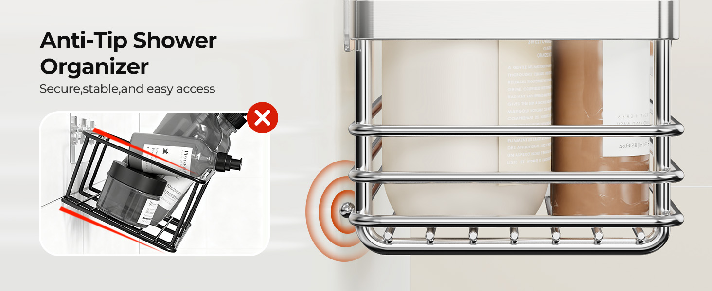 No Drilling Wall Mount Adhesive Rust Proof Stainless Steel Shower Organizer with Hooks for Bathroom