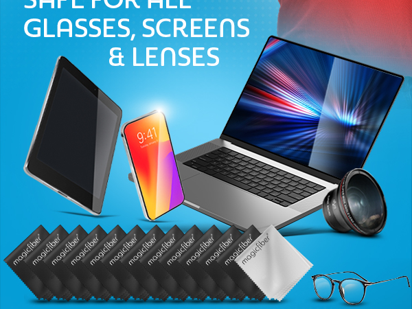 13 Premium Microfiber cloths. Safe for all Glasses, screens and lenses.