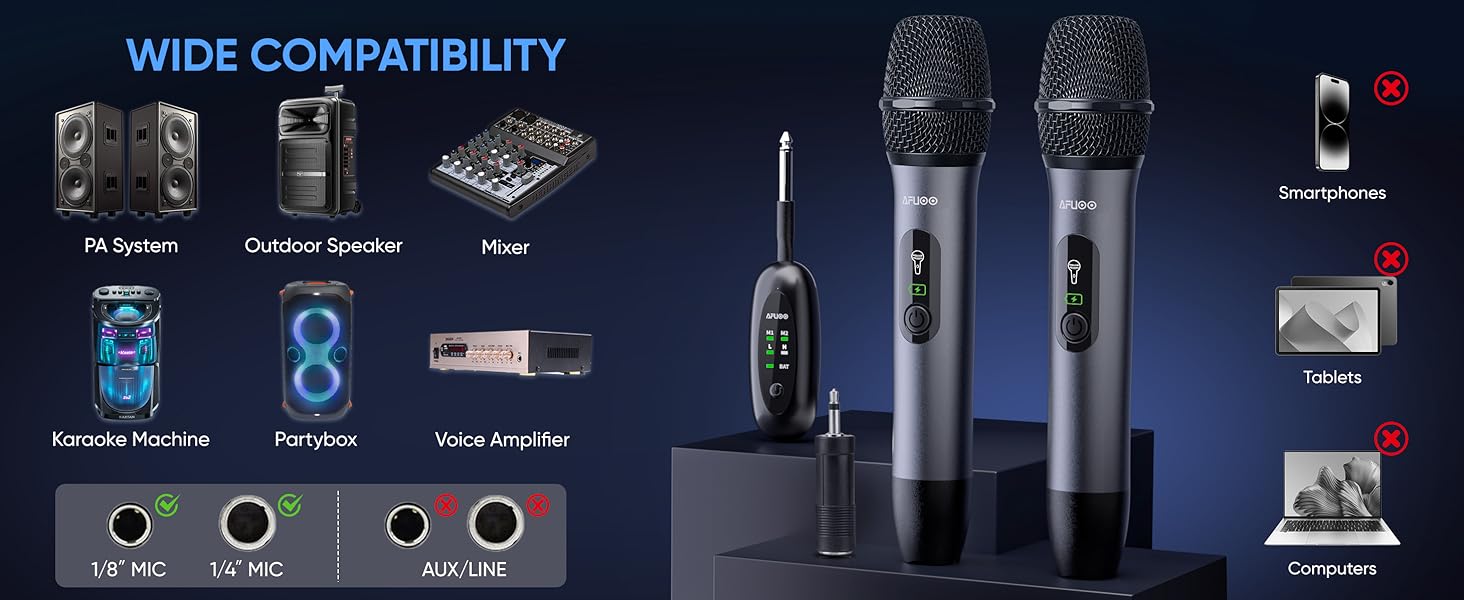 Metal Cordless Mic 2 Pack for Karaoke Machines, PA Systems, PartyBox, not compatible with Computers