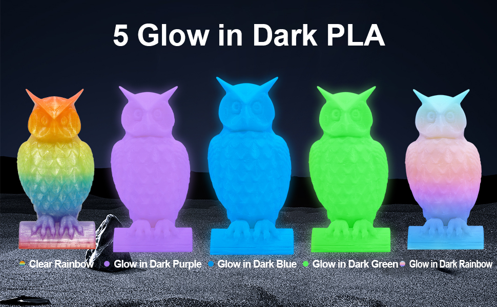 glowing in dark green purple blue rainbow clear rainbow pla filament bundle 5 spools bundle