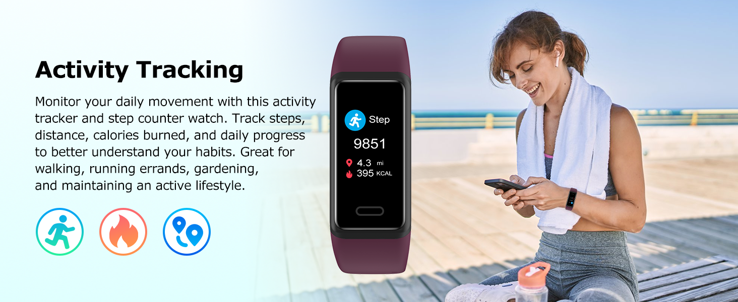 Fitness tracker pedometer watch for tracking steps, distance, calories and daily activity