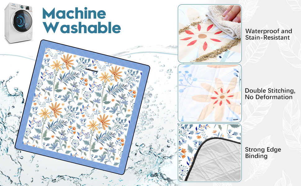 Text reads 'Machine Washable'. Series of product images showing blue and white floral pattern placemats or table linens with decorative edging and corner details.