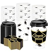 JarThenaAMCS 48 Set Graduation Disposable Coffee Cups with Lids and Sleeves Gold Foil Black Grad ...