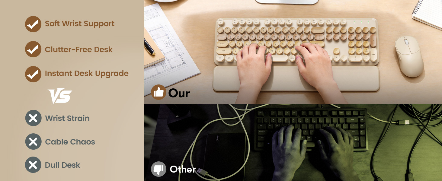 typing on wireless keyboard mouse with wrist rest clean desk setup compared to messy wired keyboard