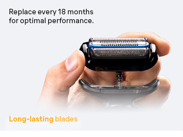 Braun shaver with SmartMotor and two shave modes is shown. Hand changes blades optimal performance.