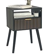 MaxSmeo Black Nightstand with Drawer, Mid Century Modern Bedside Table with Open Shelf Storage, E...
