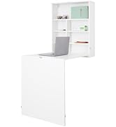 Basicwise Wall Mount Laptop Fold-Out Desk with Shelves, White,